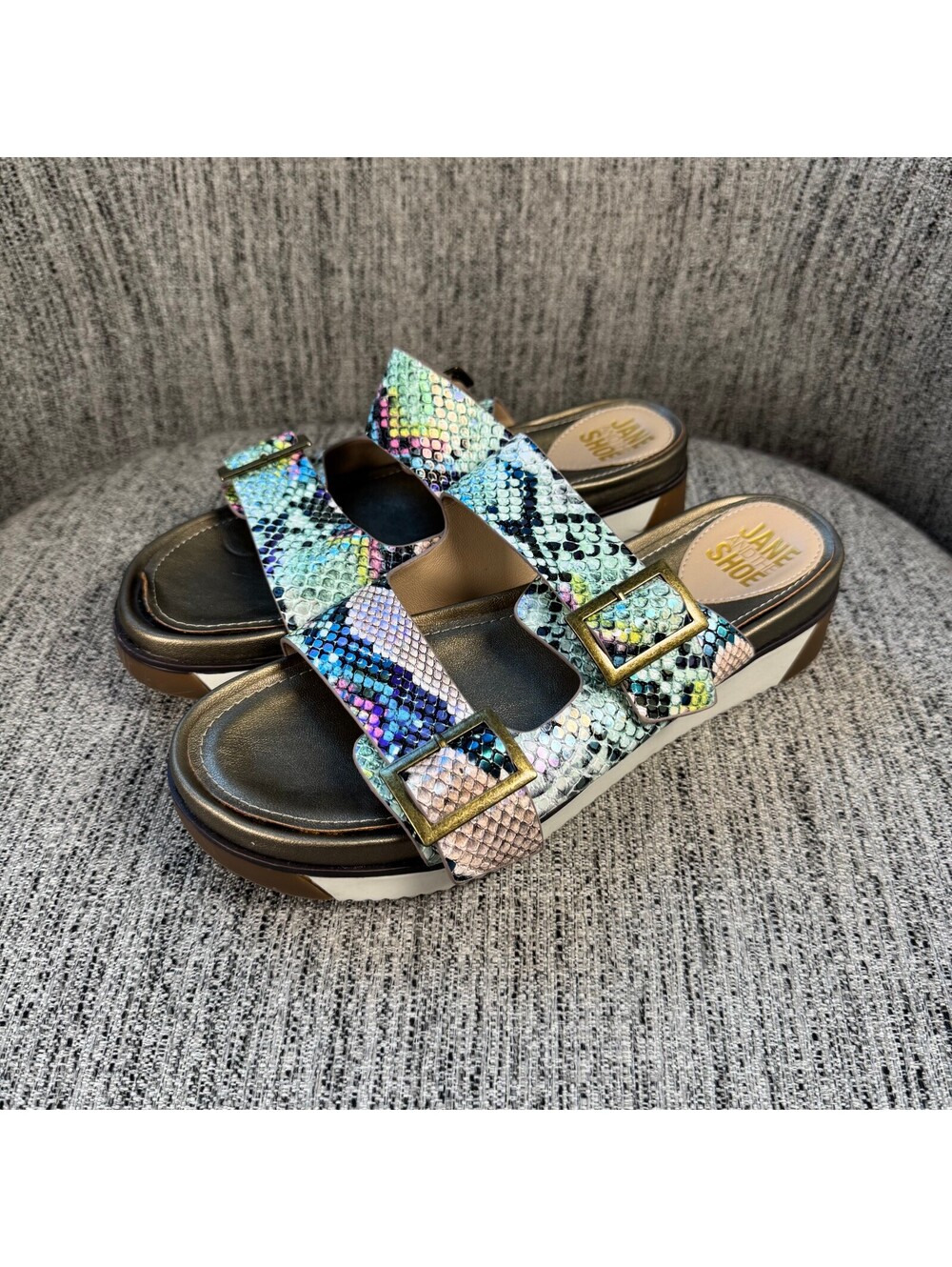 Jane and the Shoe Jessica Multicolor Snake Print Slide Sandals Buckle Detail W8